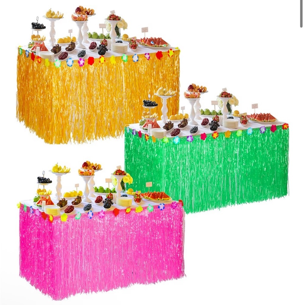 3 Pieces Hawaiian Table Skirt Tropical Luau Grass Table Skirt 9 Feet 002